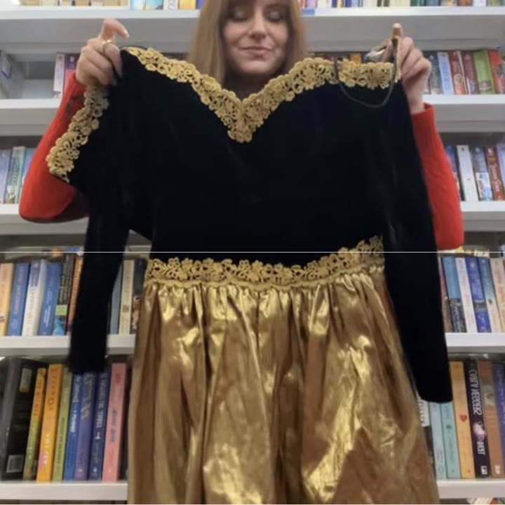 Scott McClintock velvet and gold lamé dress, from Alex Bailey's thrift haul